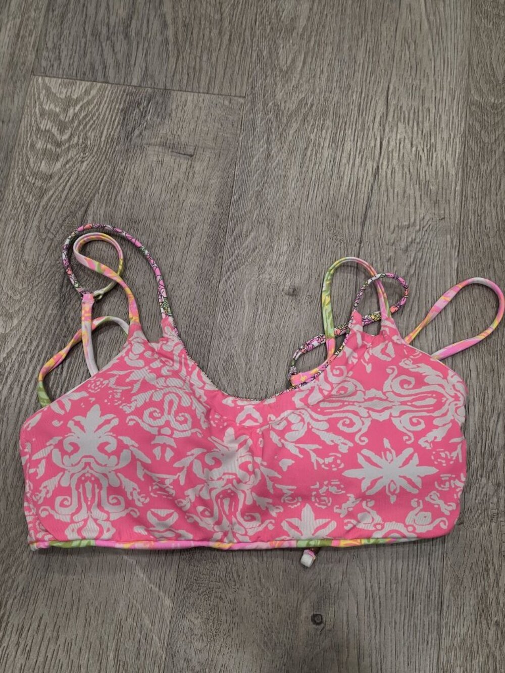Maaji Floral Pink reversible Bikini Top  Adjustable Straps Beaded Detail sz S